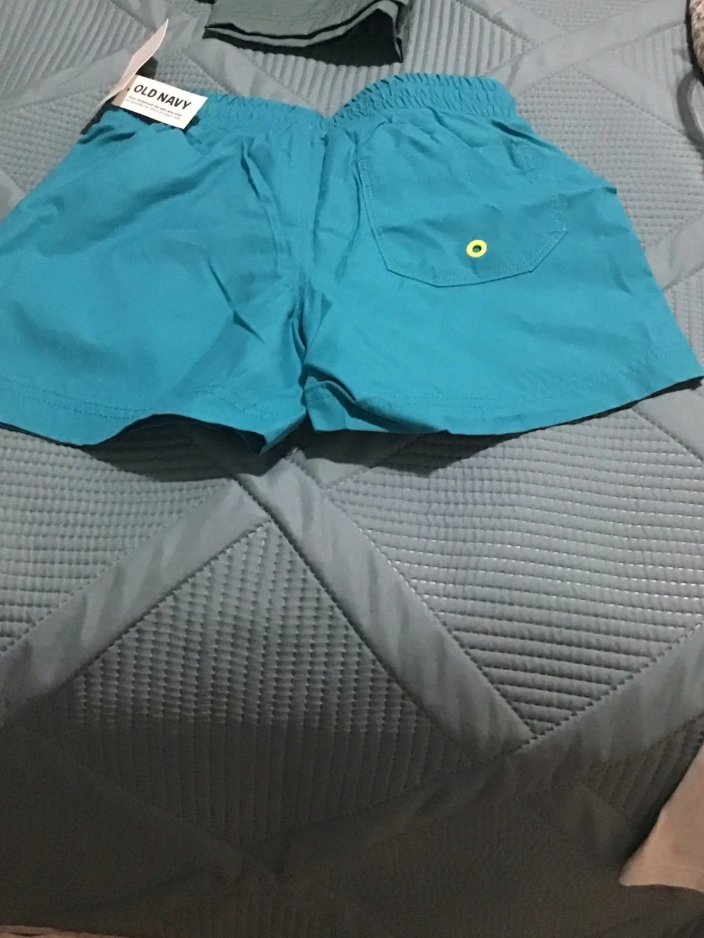 Old Navy Boys 1 Teal and 1 Green Swim Shorts with Neon Drawcord